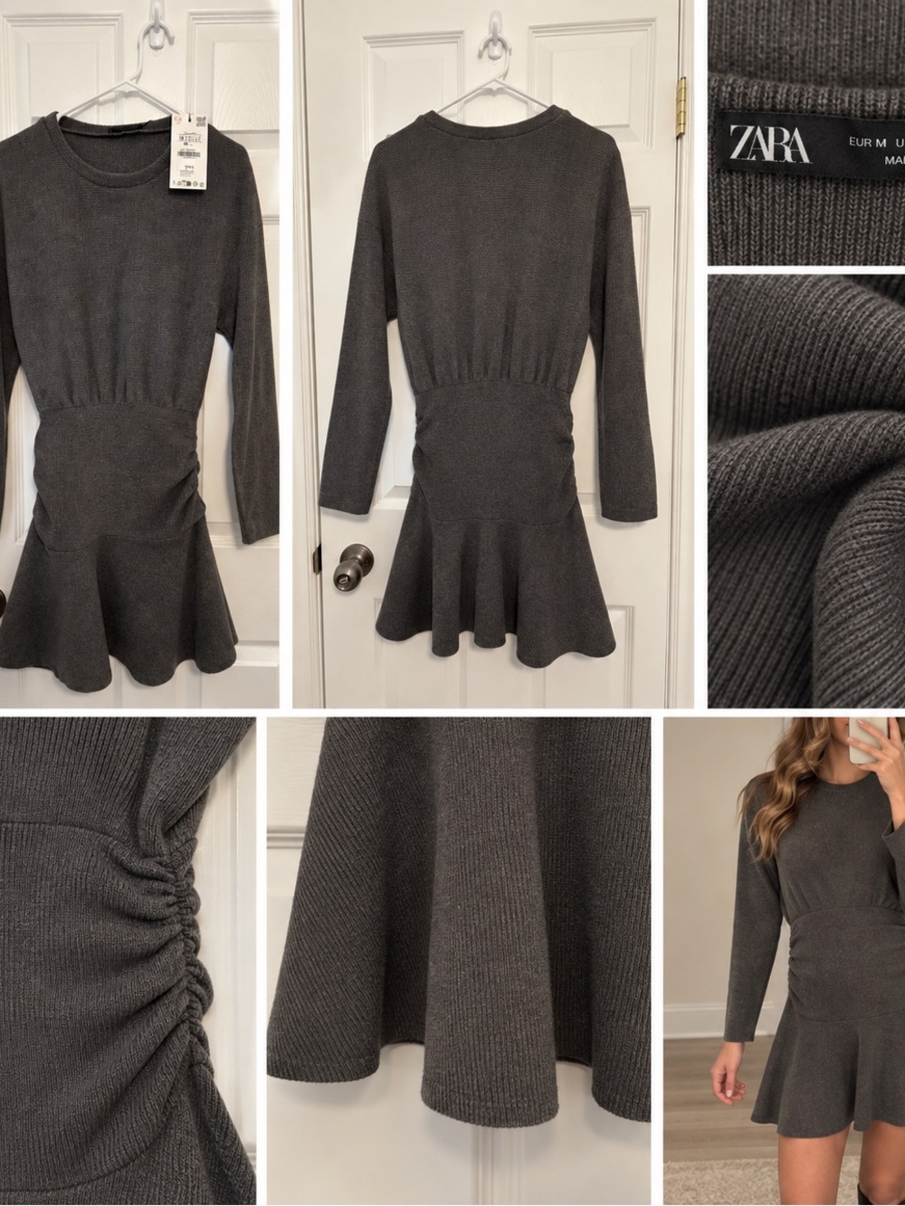 ZARA Charcoal Gray Ribbed Knit Crewneck Sweater Dress